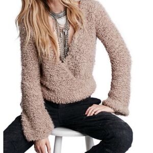 Free People Oversized XS Tan Boucle Faux Wrap Sweater Bell Sleeve